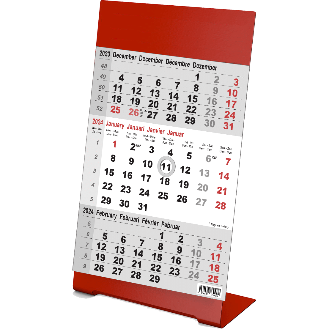 Desk calendar 3 months Color red 2024