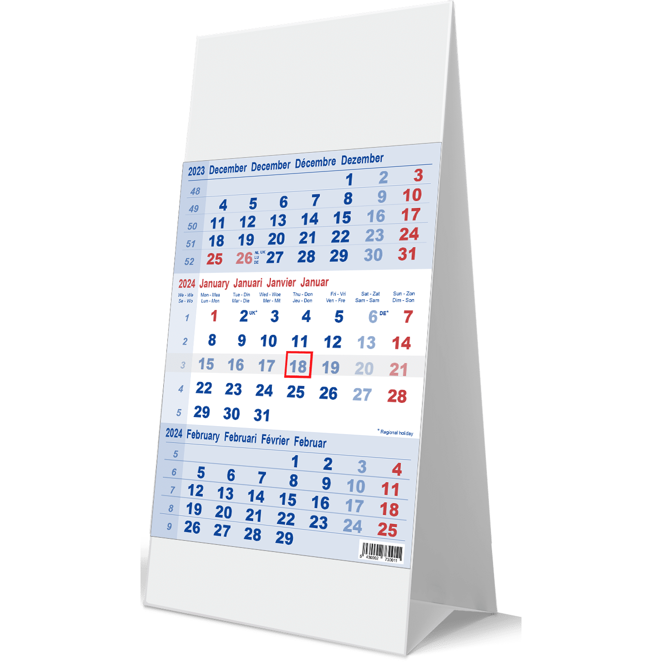 Desk calendar 3 months blue 2024