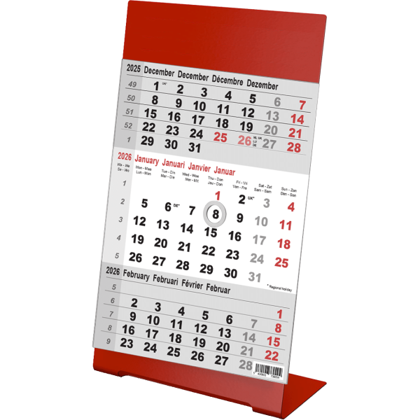 Desk calendar 3 months Color red 2026